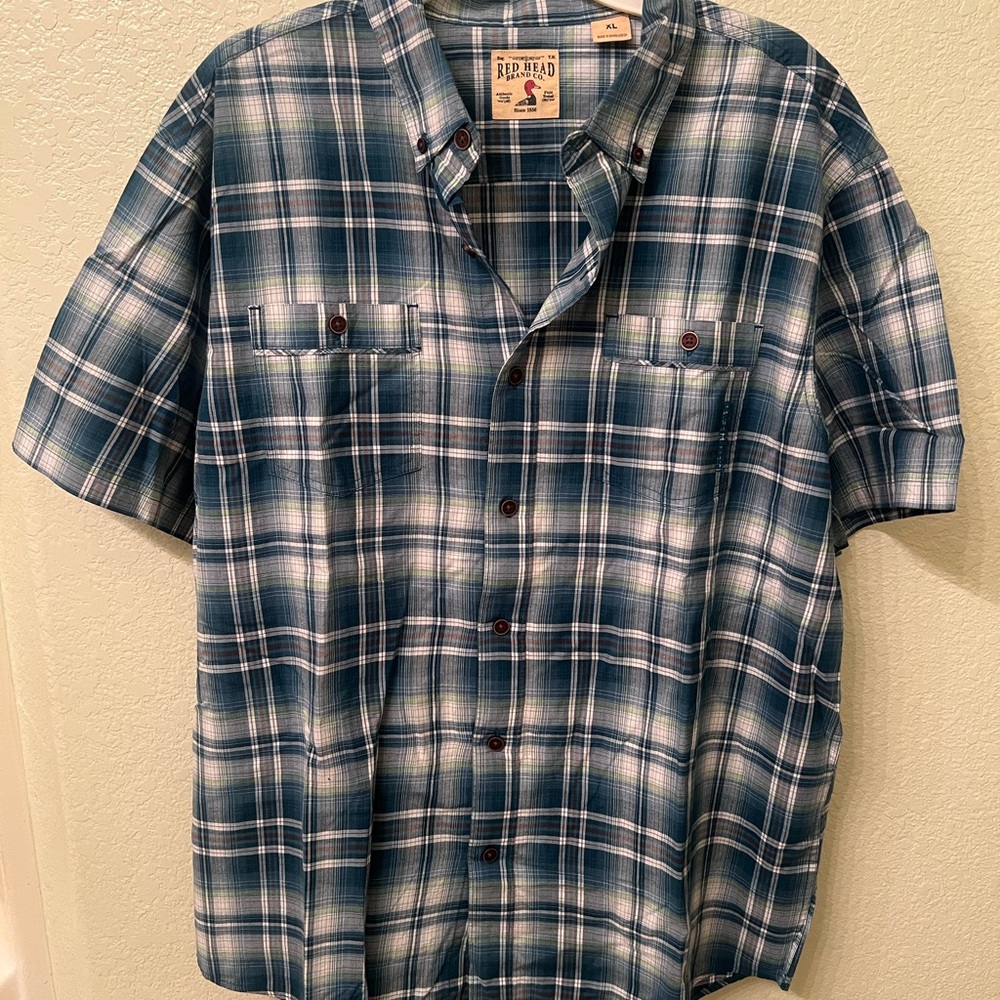 RedHead Men's Teal and White Plaid Button Down Shirt